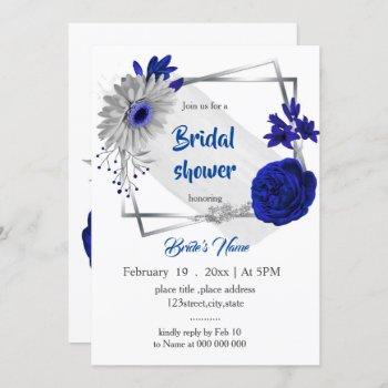 royal blue silver floral geometric bridal shower invitation