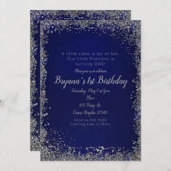 royal blue silver glitter glam 1st birthday party invitation