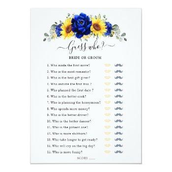 Royal Blue Sunflower Bridal Shower Game Guess Who Front View