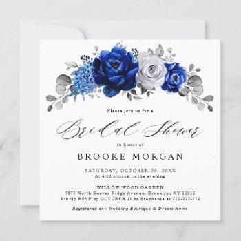 royal blue white silver metallic bridal shower invitation