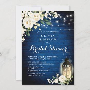 royal blue wood white roses lantern bridal shower invitation