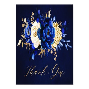 Royal Blue Yellow Gold Floral Bridal Shower Thank Thank You Card Front View
