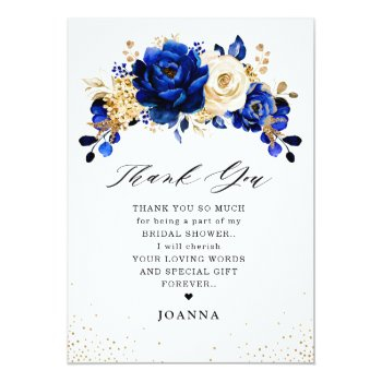 Royal Blue Yellow Gold Metallic Bridal Shower Thank You Card Front View