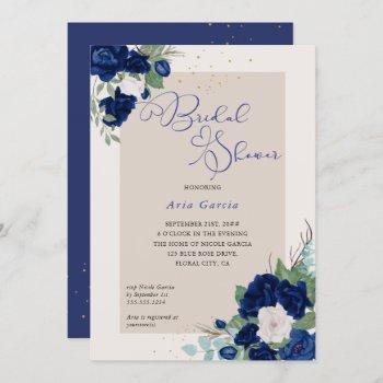 royal rose blue ivory floral bridal shower invitation