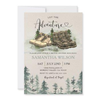 rustic adventure begin hiking boots bridal shower invitation