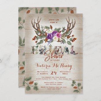 rustic antlers & pine branches bridal shower invitation