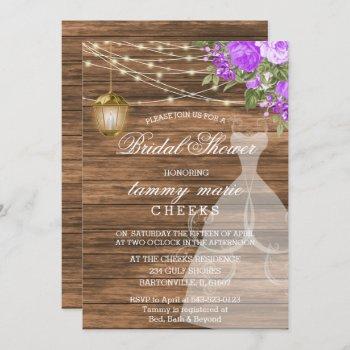 rustic barn wood bridal shower - purple invitation