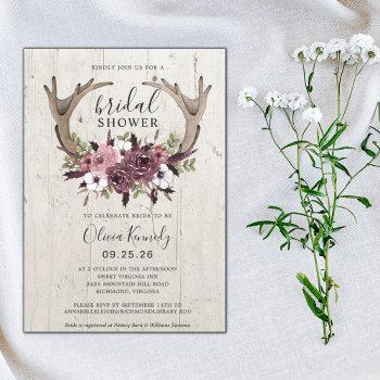 rustic boho floral antlers wood bridal shower  invitation