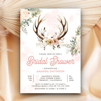 rustic boho pink floral antler bridal shower invitation