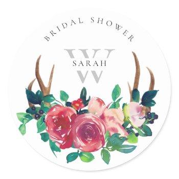 rustic boho red floral stag antlers bridal shower classic round sticker