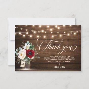 rustic burgundy mason jar floral bridal shower thank you card