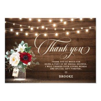 Rustic Burgundy Mason Jar Floral Bridal Shower Thank You Card Front View