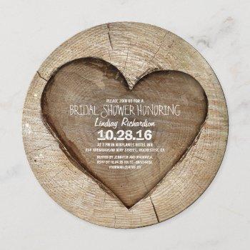 rustic carved tree wood heart bridal shower invitation