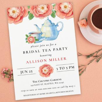 rustic chic coral floral tea party bridal shower invitation