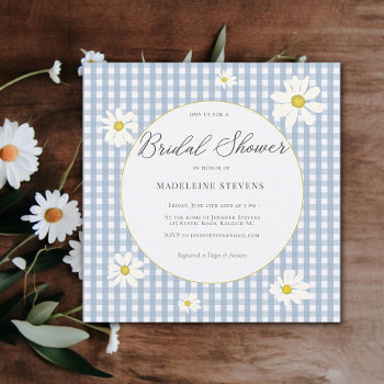 rustic daisies dusty blue gingham bridal shower invitation