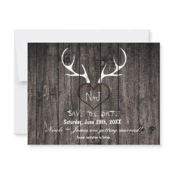 rustic deer antlers & carved heart save the date