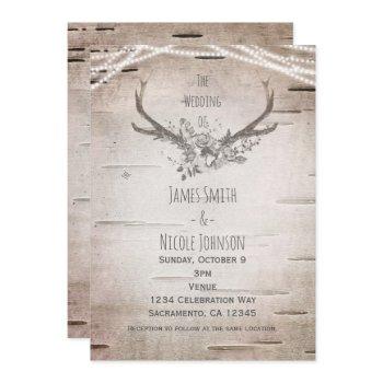 rustic deer antlers & white birch vintage wedding invitation