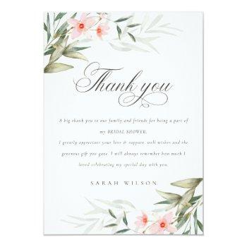 Rustic Elegant Blush Greenery Floral Bridal Shower Thank You Card Front View