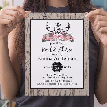 rustic floral barnwood hunt is over bridal shower invitation