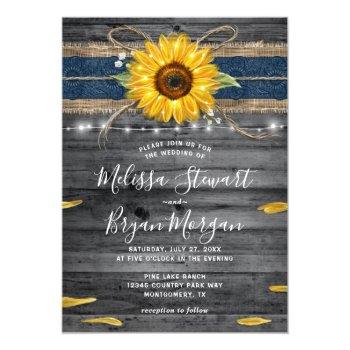 Rustic Gray Wood Navy Blue Lace Sunflower Wedding Invitation Front View