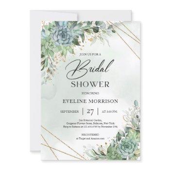 rustic green succulents eucalyptus foliage gold invitation