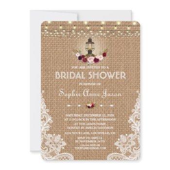 rustic lace burlap string lights bridal shower invitation