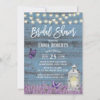 rustic lantern lavender flowers blue bridal shower invitation