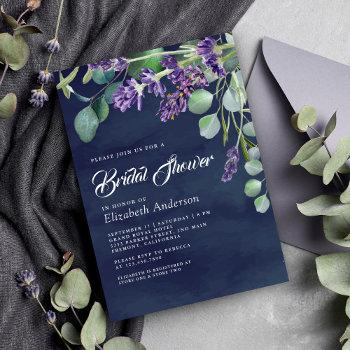 rustic lavender eucalyptus navy blue bridal shower invitation