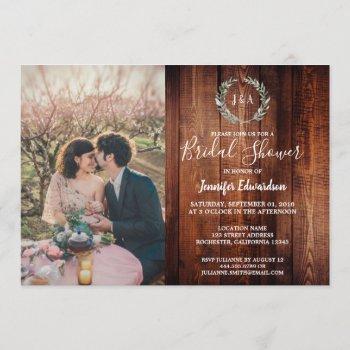 rustic leaves on wood monogram photo bridal shower invitation