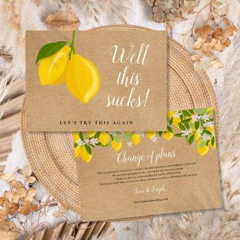 rustic lemons wedding change the date postponed invitation