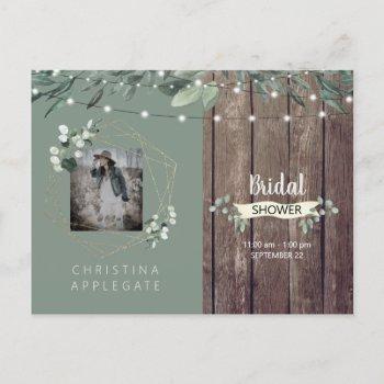 rustic lights & wood photo sage bridal shower ii invitation postcard