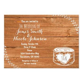 Rustic Oak Wood & Heart Stump Wedding Invitation Front View