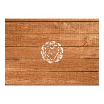 Rustic Oak Wood & Heart Stump Wedding Invitation Front View