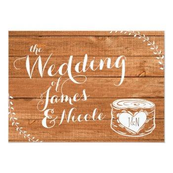 Rustic Oak Wood & Heart Stump Wedding Invitation Front View
