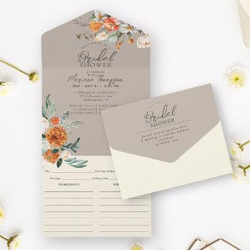 rustic orange floral taupe bridal shower & recipe  all in one invitation
