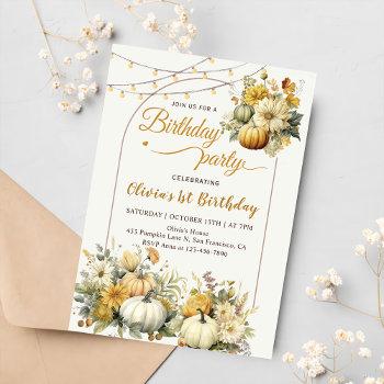 rustic pumpkin fall floral birthday party invitation