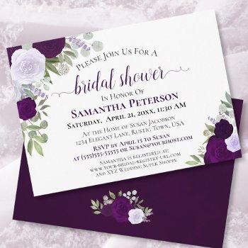 rustic purple roses elegant floral bridal shower invitation
