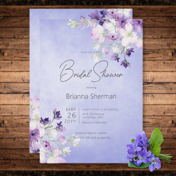 rustic purple watercolor floral bridal shower invitation