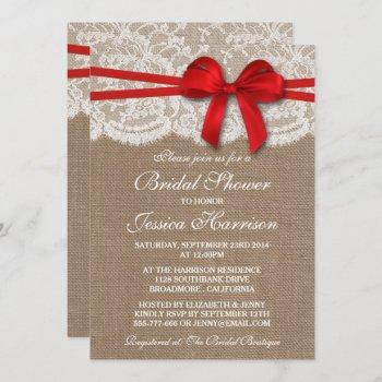 rustic red bow, burlap & lace bridal shower invitation