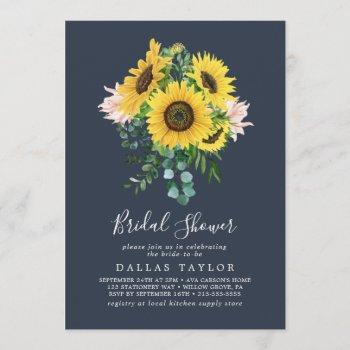 rustic sunflower eucalyptus | navy bridal shower invitation