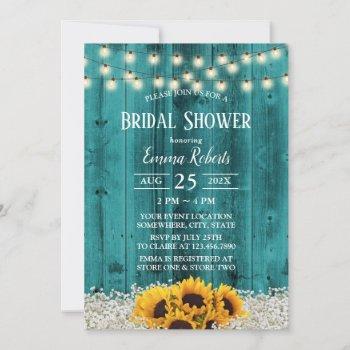 rustic sunflower floral teal barn bridal shower invitation