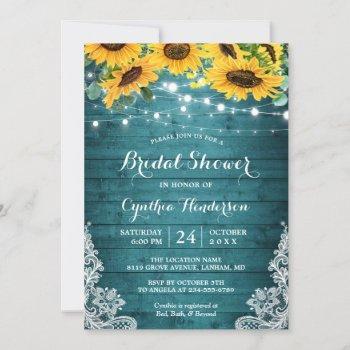 rustic teal sunflowers string lights bridal shower invitation