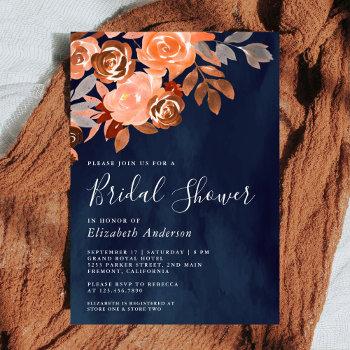 rustic terracotta floral navy blue bridal shower invitation