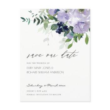 rustic violet purple floral leafy save the date postcard