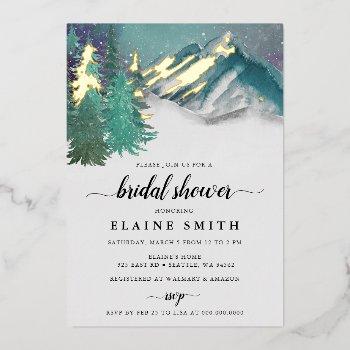 rustic watercolor mountains pine bridal shower  foil invitation