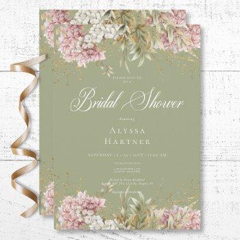 rustic white & pink hydrangea green bridal shower invitation