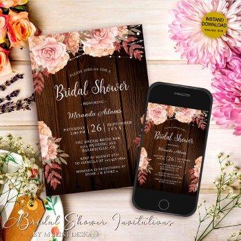 rustic wood and string lights floral bridal shower invitation