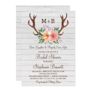 rustic wood floral antlers bridal shower invitation