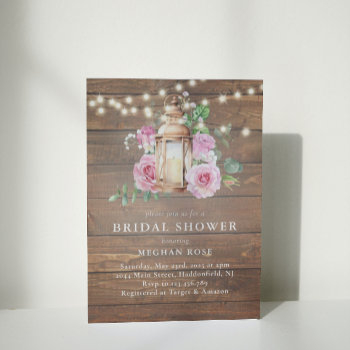 rustic  wood floral string lights bridal shower invitation