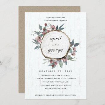 rustic wood slice floral couples shower invite